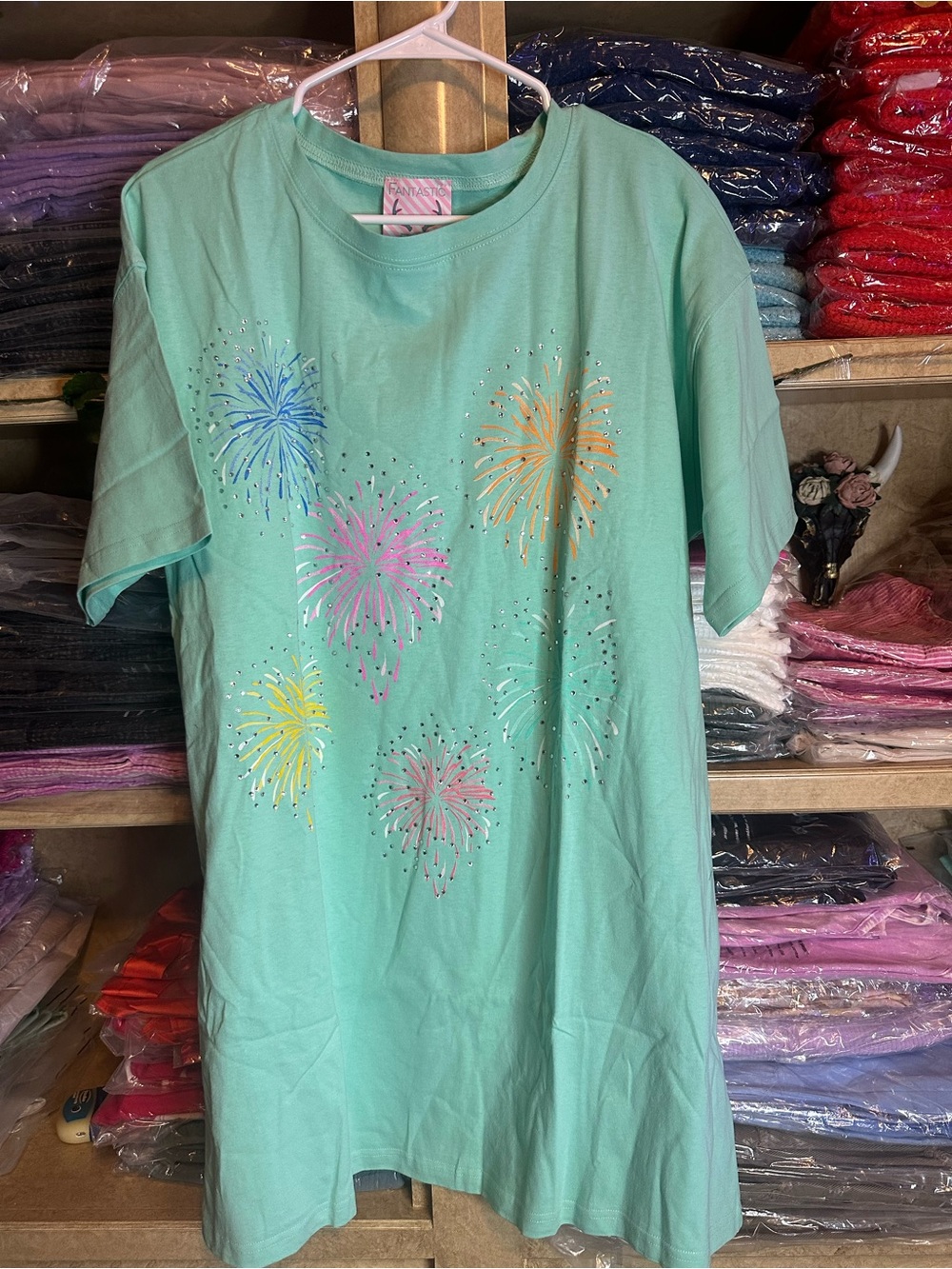 Fantastic Fawn Mint Short Sleeve Tee with Colorful Firework Print